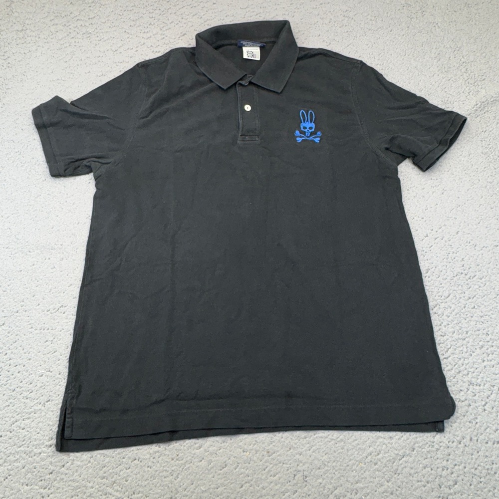 Psycho Bunny Polo Mens 7 XL Black Blue Embroidered Bunny Skull Logo Pique Shirt